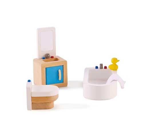 Hape Wooden Doll House Furniture Family Bathroom Set| Pretend Playset for Kid’s Wooden Dollhouse