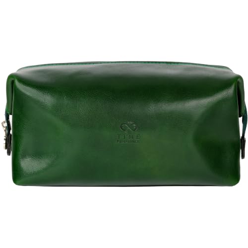 Time Resistance Leather Toiletry Bag - Italian Cosmetic Case Dopp Kit (Green) - color: Green
