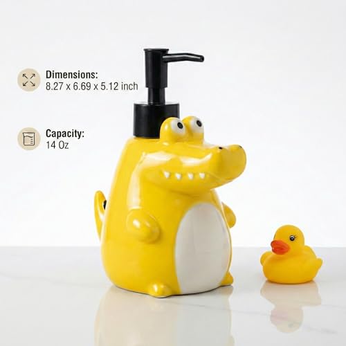 BOPPIE Cartoon Ceramic Soap Dispenser, Modern Countertop Hand & Dish Soap Dispenser for Bathroom/Kitchen for Kids, Refillable Liquid Soap Bottle with Rust Proof Pump (Ceramic Alligator) - color: Ceramic Alligator