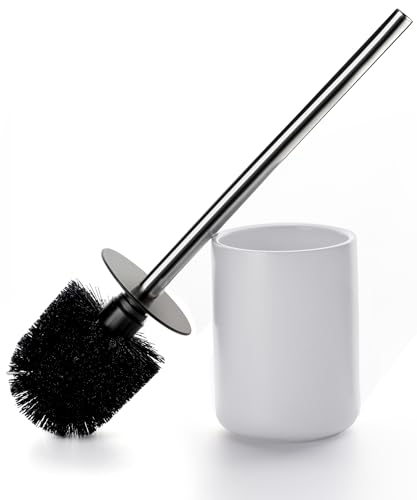 Ceramic Toilet Brush & Holder Set - Freestanding Deep-Cleaning Toilet Bowl Cleaner Brush, Stainless Steel Handle, Small & Sturdy for Storage, Easy to Clean, Non-Scratching - color: Matt White