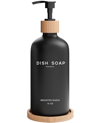 Black Glass Dish Soap Dispenser for Kitchen Sink by Brighter Barns - Modern Kitchen Soap Dispenser Set with Tray - Bamboo Bottle with Pump - Boho Home Decor, Modern Home Decor for Airbnb, Gift (Black) - color: Black D