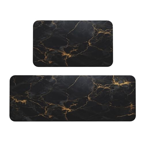 Black Marble Texture Kitchen Rugs Microfiber Floor Mats Cushioned Carpet Runner Rug for Laundry Bathroom Living Room, 2 Piece Set 17"X 47" + 17"X 30" - color: Black Marble