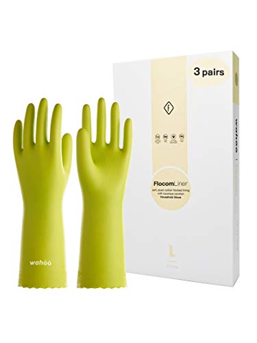 LANON 3 Pairs wahoo Skin-Friendly Cleaning Gloves, Dishwashing Kitchen Gloves with Cotton Flocked Liner, Reusable, Non-Slip, Bud Tender, Large - color: Bud Tender, size: Large (Pack of 3)