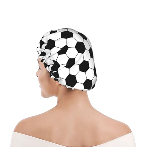 Sport Football Pattern Shower Cap For Women Reusable Waterproof Double Layers Bath Cap Hair Protection Elastic Ladies Spa Salon Shower Hat - color: Football Pattern