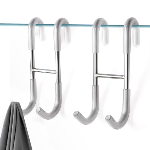 Shower Door Hooks,Towel Hooks for Bathrooms Frameless Glass Door,Heavy Duty SUS 304 Stainless Steel Hook for Towels,Squeegee,Loofah,Shaver,Robe,2 Pack (Silver) - color: Silver