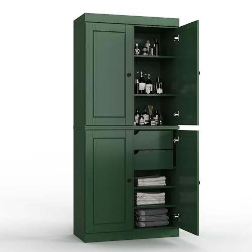 Palace Imports Solid Wood Tall Bathroom Pantry Cabinet with 4 Wooden Doors & Adjustable Shelves, Green - 100% Eco-Friendly, Renewable, Space-Saving Storage, 71.5" H x 32" W, Made in Brazil - color: Green