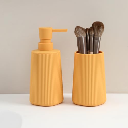 YAUKPH Bathroom Accessories Set 2 Piece Soap Dispenser and Toothbrush Holder for Bathroom Countertop Striped Yellow - color: Striped Yellow