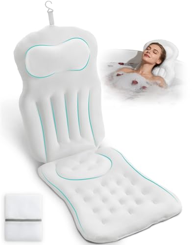 Full Body Bath Pillow for Bathtub, 5D Thick Tub Pillow for Bathtub with 192 Non-Slip Suction Cups, Laundry Bag & Hook, Bathtub Pillow for Head, Neck & Back Support (White, 51"*15") - color: White