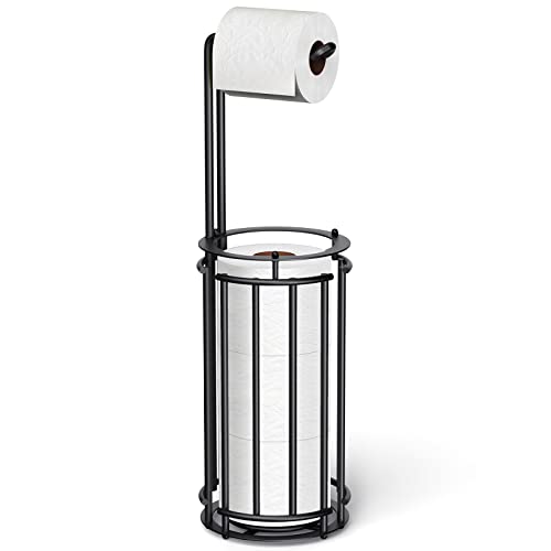 Meangood Toilet Paper Holder Stand and Tissue Paper Roll Dispenser for 4 Mega Rolls, Bathroom Free Standing Tissue Roll Storage Holder Rack, Detachable (Matte Black) - color: Black