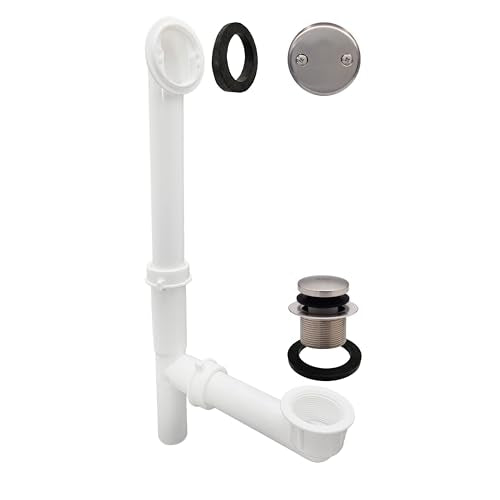 Westbrass A593244-07 14" x 1-1/2" White Tubular Bathtub Waste & Overflow Assembly with Tip-Toe Drain Plug and 2-Hole Faceplate, Satin Nickel - color: Satin Nickel, size: 1 Pack