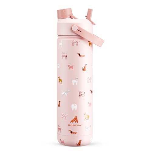 POWCAN 26 oz Insulated Water Bottle with 2-in-1 Straw and Spout Lid, Keep Cold 24H, Leak-Proof, Fits in Car Cup Holder, Stainless Steel Water Bottle for Gift, Home, Trip, Daily Outings (Furry Friends) - color: Furry Friends, size: 26 Ounces