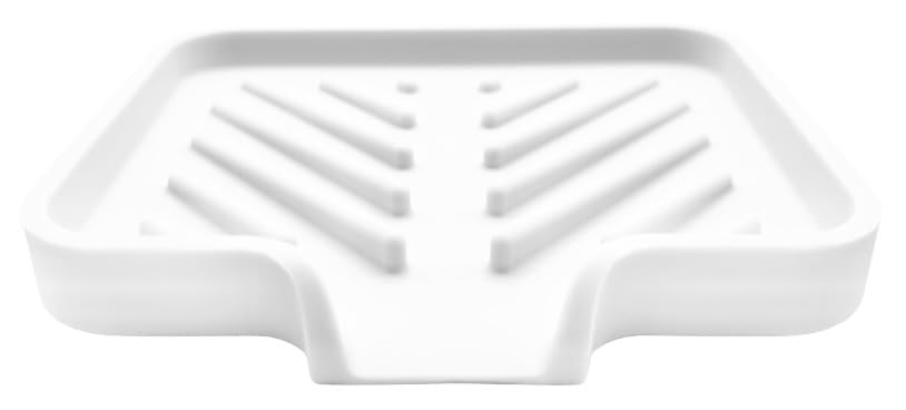 Silicone Soap Dish Tray and Sponge Holder with Drain Chute and Feet | 3-Way Sloped Design | Bathroom and Kitchen Sink Organizer Caddy (White, 5"x4", 3.5 Ounces) - color: White, size: 5"x4"