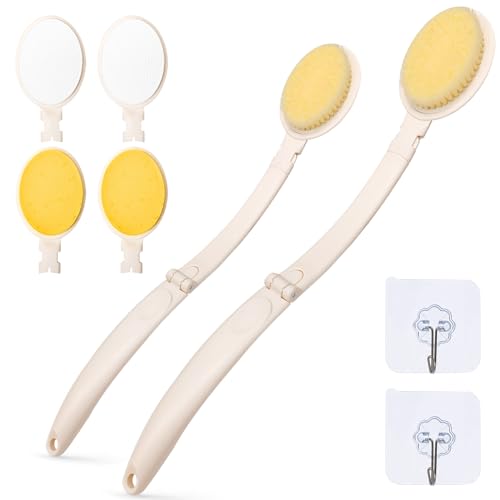 LFJ 19" Long Handle Shower Sponge Brush Set, 3 in 1 Body Brush, Bath Sponge and Lotion Applicator Improved Skin Health, Suitable for Men and Women (White Brush-2P) - size: 2P