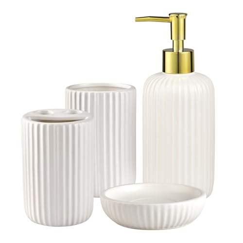 White Bathroom Accessories Set, 4PC Ceramic Bathroom Sets Complete-Toothbrush Holders, Soap Dispenser, Soap Dish, Toothbrush Cup, Modern White Gold Bathroom Decor, Bathroom Organizer for Countertop - size: GWhite-4pcs