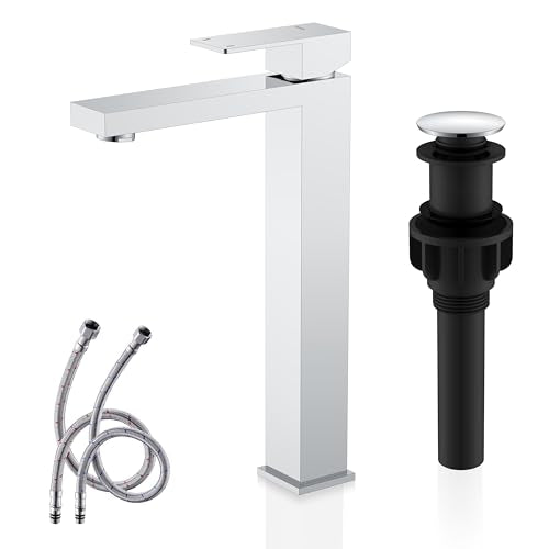 KENES Chrome Bowl Vessel Sink Facuet Single Handle Tall Bathroom Sink Faucet Bathroom Vanity Faucet Basin Mixer Tap with Water Supply Lines and Pop Up Sink Drain, LJ-9031A-5 - color: Chrome, size: Tall