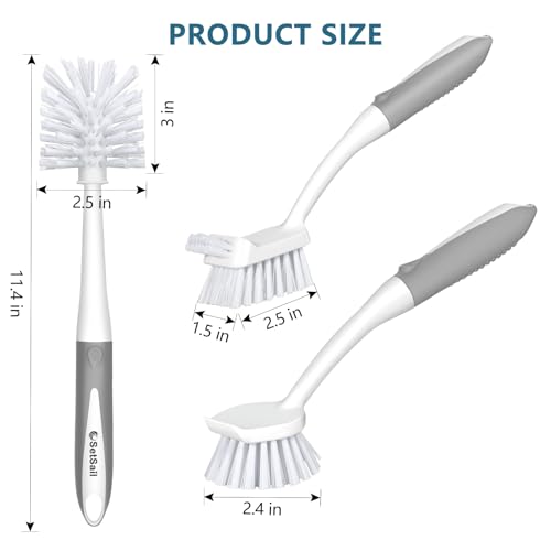 SetSail Dish Brush Set of 3 Piece, Dish Scrub Brush with Long Handle Deep Cleaning Brush with Scraper Tip for Kitchen Dishes Bottle Cup Pot Pan, Grey - color: Gray