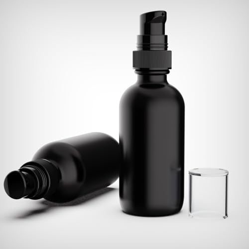 12Pack 60ml Matte Black Glass Pump Bottle with Black Top,2oz Small Dispenser, Travel Size Refillable Botttles for Lotions,Sercums,Essential Oils - color: 2oz Black(12pcs)