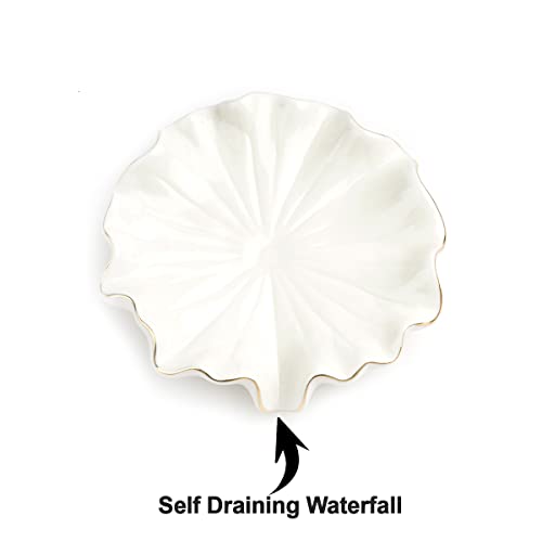 Soap Dish with Drain Ceramic White Lotus Leaf Soap Holder Soap Saver for Bar Soap, Kitchen Sink, and Bathroom Shower - color: White