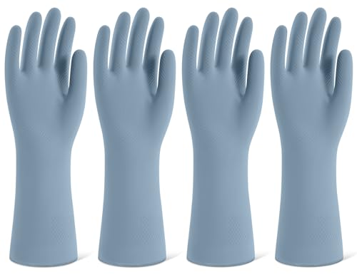 Rubber Cleaning Gloves for Dishwashing, 4 Pairs Reusable Kitchen Gloves for Washing Dishes and Household Cleaning, Blue Dish Gloves with Flocked Lining and Non-Slip Grip, Pefect for Woman Men - M - color: Blue, size: Medium