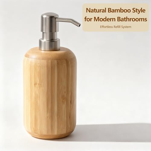Round Bamboo soap and Lotion Pump Dispenser Bottle (10OZ/290ML) | Soap dispenser for kitchen and bathroom hand sanitizer, shower gel, shampoo