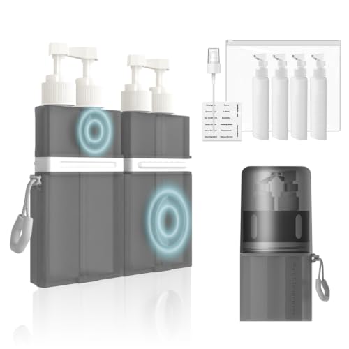 4 in 1 Travel Toiletry Containers,TSA Approved Refillable Travel Size Toiletries Bottles Set with Suction Cup for Smooth Walls - for Shampoo,Conditioner,Body Wash,Lotion.(Grey) - color: Gray