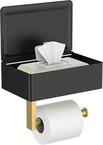 FORIOUS Toilet Paper Holder with Shelf, SUS304 Stainless Steel Wall Mount Toilet Paper Roll Holder, Flushable Wipes Dispenser Fits for Bathroom Wipe Storage, Bathroom Organizer (Black & Gold) - color: Matte Black & Brushed Gold, size: 1 Pack-8" (L)