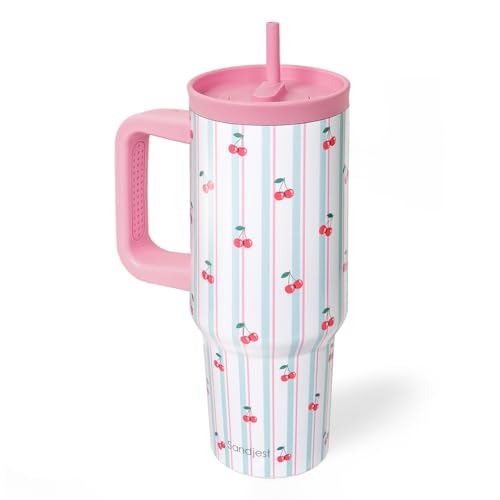 SANDJEST Cherry Stainless Steel Locking Lid Silicone Straw Tumbler with Handle 40oz, Insulated Stainless Steel Travel Cup for Women Girls Friends, Gift Idea for Birthday Christmas - color: Cherry