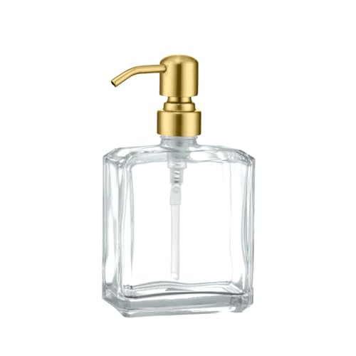 Clear Glass Soap Dispenser Retangular, Brushed Gold Pump, 13.5 oz | Rust Proof Stainless Steel Pump, Refillable, Hand Soap, Liquild Soap, Dish Soap - color: Gold, size: 13.5oz-Square