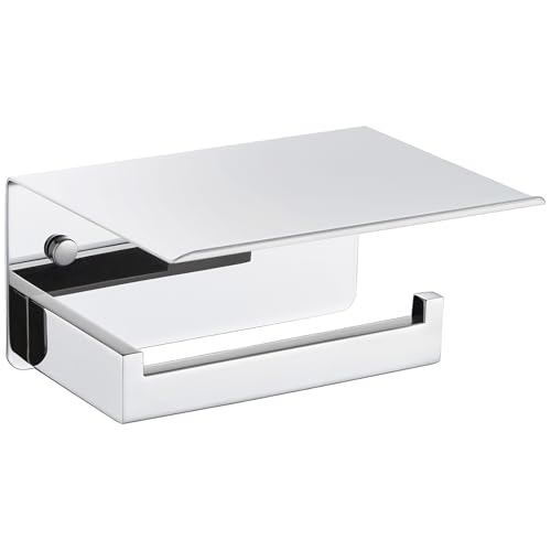 Toilet Paper Holder with Phone Shelf Polished Chrome, APLusee Bathroom Accessories 304 Stainless Steel Tissue Roll Dispenser Storage Wall Mounted - color: Polished Chrome, size: Single Rod