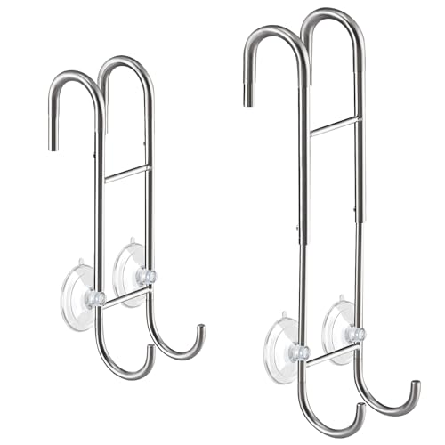 Shower Door Towel Hooks (2-Pack), 9"~13" Length Adjustable Hook for Framed & Frameless Over the Door Glass, Squeegee Holder, Towels Hanger for Bath Suits Rozer Robes Loofahs Shavers, Silver | Fit for Frameless & Framed Doors, Anti-Scratch, Rustproof Towel