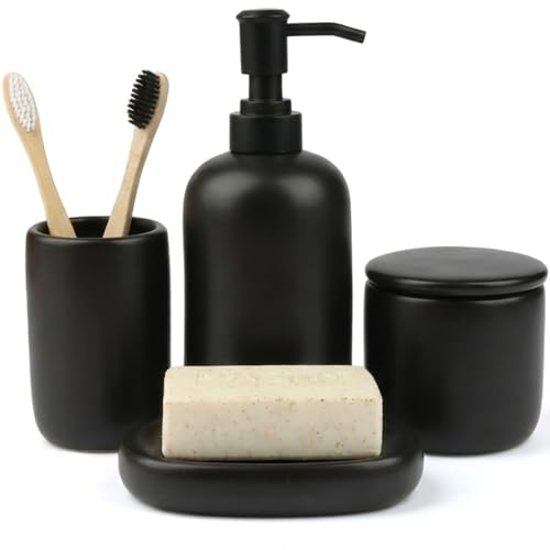 Ceramic Bathroom Accessories Set 4 Pcs – Modern Scandinavian Neutral Bathroom Soap Dispenser Set with Toothbrush Holder, Soap Dish & Cup – Minimalist Bathroom Accessory Set Decor - Black - color: Black