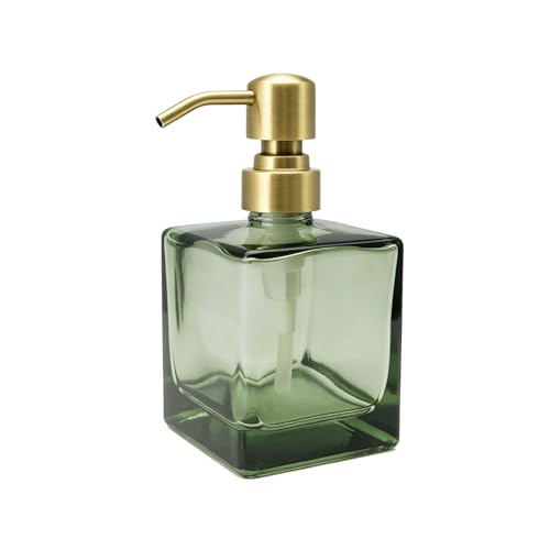 Square Bathroom Soap Dispenser Green Bottle with Brushed Gold Pump, Retangle Cube 8.4 oz Glass Bottles with Stainless Steel Pump Hand Liquid Soap Dispenser Kitchen - color: Green and Brushed Gold Pump, size: 8.4oz-Square