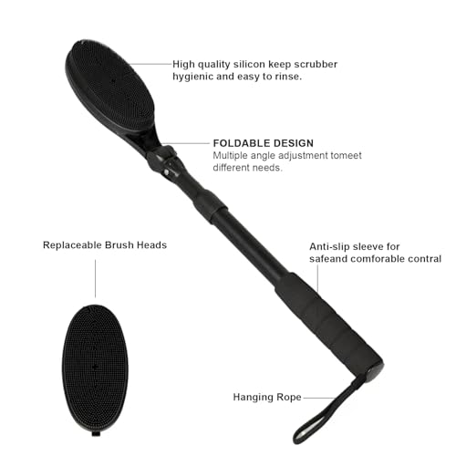 EASACE Back Scrubber for Shower, Soft Silicone Bath Body Brush with Long Handle, Adjustable Head with 1 Extra Replacements