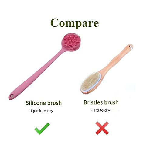 Long Handle Silicone Body Scrubber for Shower, Dual-Sided Back Scrubber Brush with Soft Bristles&Massage Nodes, Exfoliating Bath Brush for Hard to Reach Areas, Easy to Clean & Quick Dry, for Daily Use - color: Pink