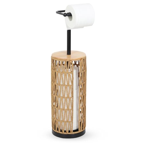 Trongee Freestanding Toilet Paper Holder with Storage,3 Rolls of Boho Toilet Paper Holder Stand with Lid,Gold Toilet Tissue Holder Stand Rattan Paper Storage Wicker Toilet Roll Holder Basket - color: U-black