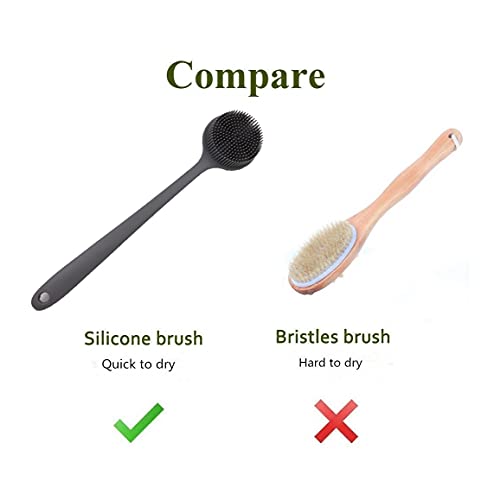 Long Handle Silicone Body Scrubber for Shower, Dual-Sided Back Scrubber Brush with Soft Bristles&Massage Nodes, Exfoliating Bath Brush for Hard to Reach Areas, Easy to Clean & Quick Dry, for Daily Use - color: Gray