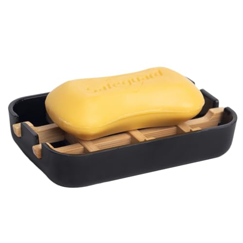 Bamboo Fiber Soap Holder & Dish Combination, Black | Bathroom Bar Soap Holder, Sink Deck, Bathtub, Shower Tray - color: Black