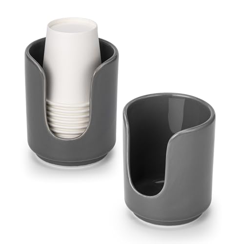 3 oz Original Ceramic Bathroom Cup Dispenser with 5 PLA Paper Cups, Bathroom Essential Accessories for Mouthwash Cup Holder (2 Pack, Grey) - color: Grey, size: 2 Pack
