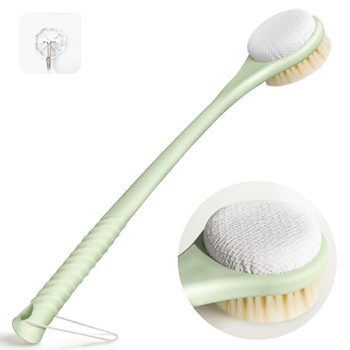Back Scrubber for Shower with Long Handle, Dual-Sided Bath Brush with Soft Bristles & 150D Exfoliating Cloth, Anti-Slip Grip, Lightweight Back Washer for Shower, Men & Women (Green) - color: Greena