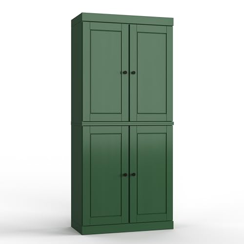 Palace Imports Solid Wood Tall Bathroom Pantry Cabinet with 4 Wooden Doors & Adjustable Shelves, Green - 100% Eco-Friendly, Renewable, Space-Saving Storage, 71.5" H x 32" W, Made in Brazil - color: Green