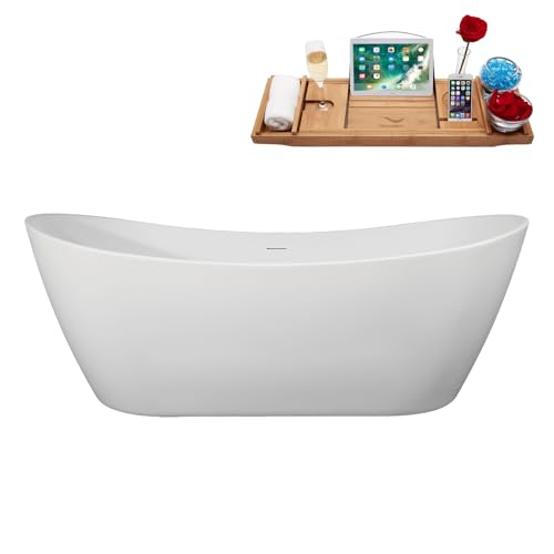 Streamline 75" Freestanding Soaking Bathtub – Glossy White Acrylic Tub with Matte Black Internal Drain and Bamboo Tray – Modern Luxury Design – 85-Gallon Capacity