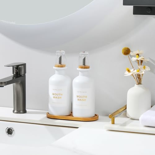 11.8OZ Mouthwash Dispenser for Bathroom with Bamboo & Stainless Steel Pour Spout, Mouthwash Cups Reusable, Bamboo Tray, and Elegant Gold Label. Set of 2（White - color: White/350*2