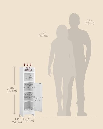 VASAGLE Small Storage Corner Floor Cabinet with Door, 7.9 x 7.1 x 31.5 Inches, Narrow Toilet Paper Storage Holder, Adjustable Shelves, for Bathroom, Living Room, Small Spaces, Cloud White UBBC310W01 - color: Cloud White, style: 1door+1open compartment (31
