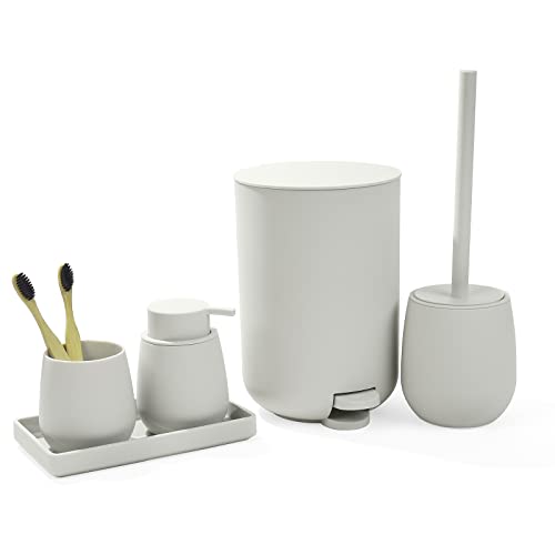 GAHEFY Small Beige White Bathroom Accessories Set with Mini Trash Can 3 Liter/0.8 Gallon,Toothbrush Holder,Soap Dispenser,Vanity Tray,Toilet Brush and Holder (Beige White 5pcs) - style: Beige white 5pcs