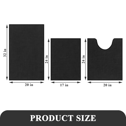 SHACOS 3 Piece Bath Mats Toilet Rug U-Shaped, No Slip Rubber Bath Rugs for Bathroom Toilet, Ultra Thin Bathroom Rugs Washable Quick Dry Absorbent Bathroom Mat (17"x24"+20"x32"+ U-20"x24") - color: Black, size: 17"x24"+20"x32"+U20"x24"