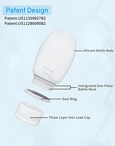 Silicone Travel Bottles for Toiletries TSA Approved Travel Size Containers Set 4 Pack Portable Leak Proof Refillable Cosmetic Squeeze Bottles Shampoo Hair Conditioner Body Lotion Bath Shower Gel - color: White/2oz