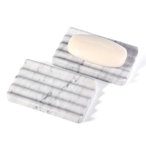 2PCS Koville Italian Natural Marble Soap Dish for Shower, Stone Soap Tray for Bathroom, Bar Soap Holder for Sink, Stripe Grooves Saver Keep Bars Dry Easy Clean (Bianco Carrara) - color: Bianco Carrara