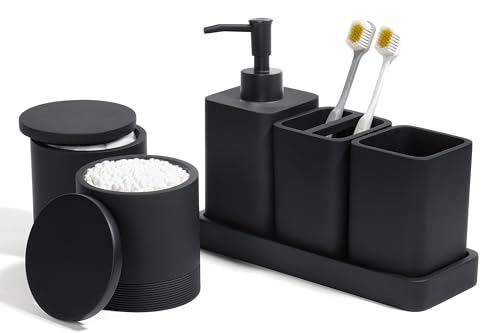YMXYJM Bathroom Accessories Set, 6 Piece Bathroom Set with Toothbrush Holders, Soap Dispenser, Vanity Tray, Tumbler, Cotton Swab Jars, Bathroom Organizer，Bathroom Sink Sets, Matte Black - color: Black