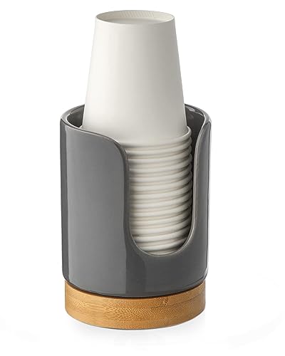 Ceramic Bathroom Cups Dispenser - 3 oz Disposable Paper & Plastic Cups Holder - Mouthwash Cups Dispenser for Countertop, Guest Toiletries - BPA Free, Kids Safe (Grey) - color: Grey, size: Set/1