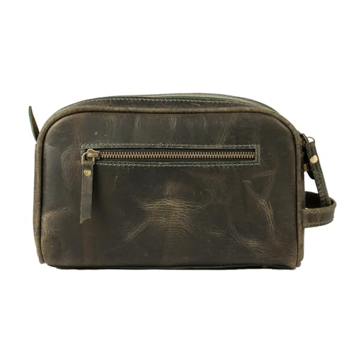 KomalC Leather Toiletry Bag for Men & Women – Handcrafted Travel Grooming Kit with Water-Resistant Lining and Secure Zipper Closure - style: 1 Zip Classic Dark Green